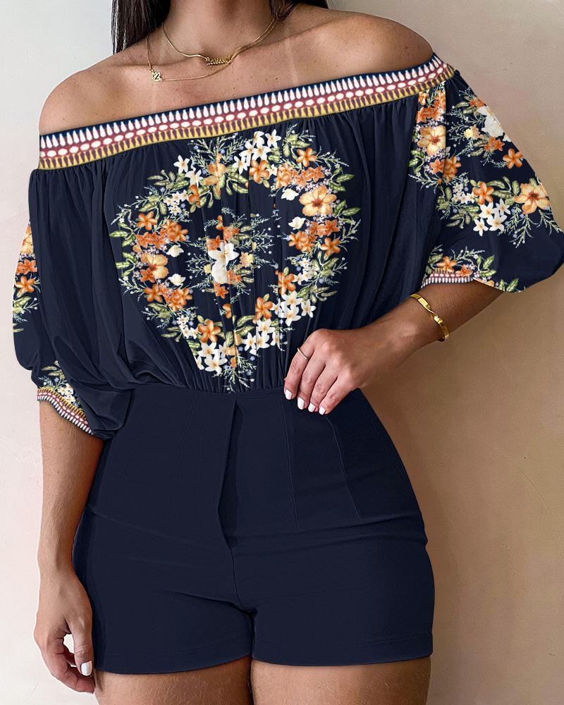

Floral Print Ruched Off Shoulder Top & Shorts Set, Dark blue