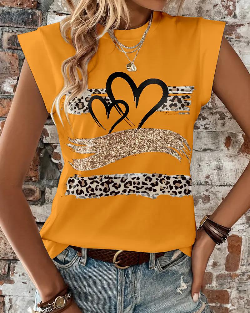 

Leopard Print Heart Pattern Cap Sleeve T Shirt Casual Loose Fit Tank Top, Orange