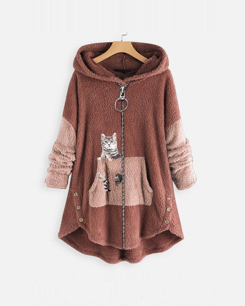 

Plus Size Cat Print Long Sleeve Hooded Zip Up Teddy Coat, Pink