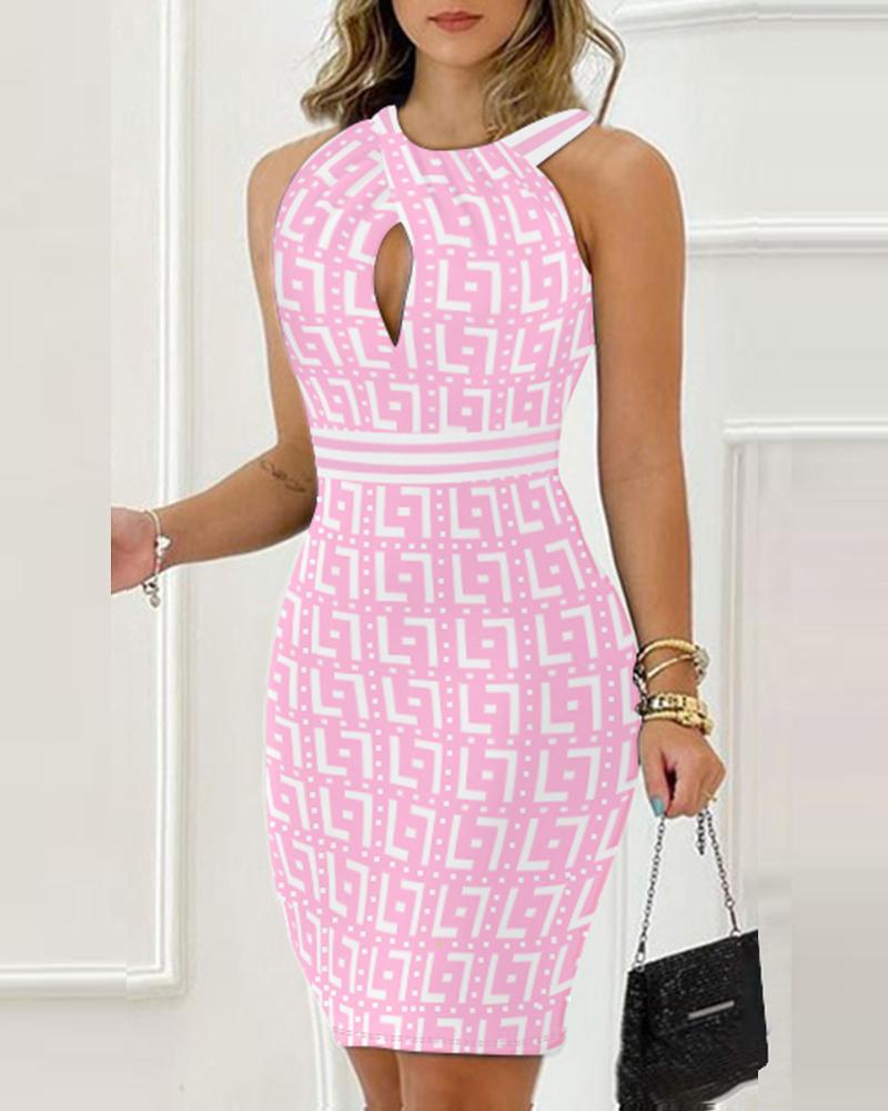 

Geometric Print Sleeveless Party Dress, Pink