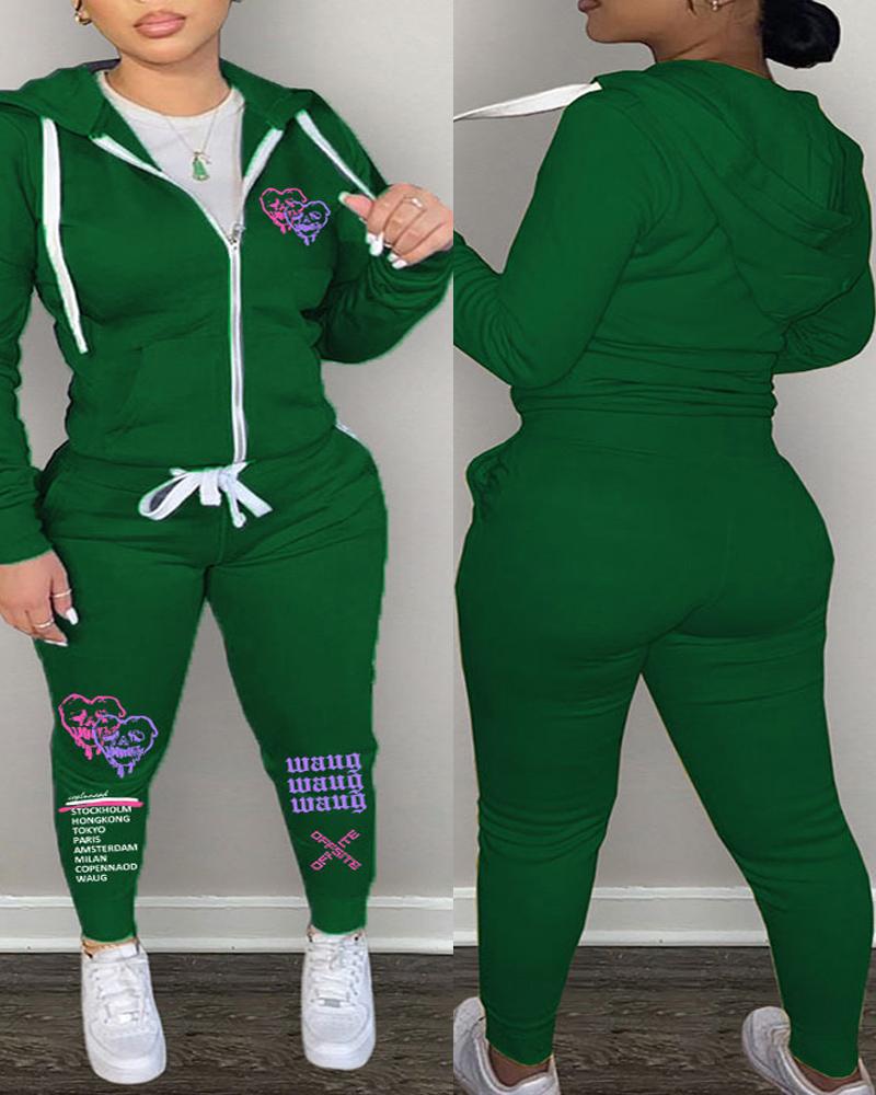 

Plus Size Letter Heart Print Hooded Zip Up Top & Pants Set, Green