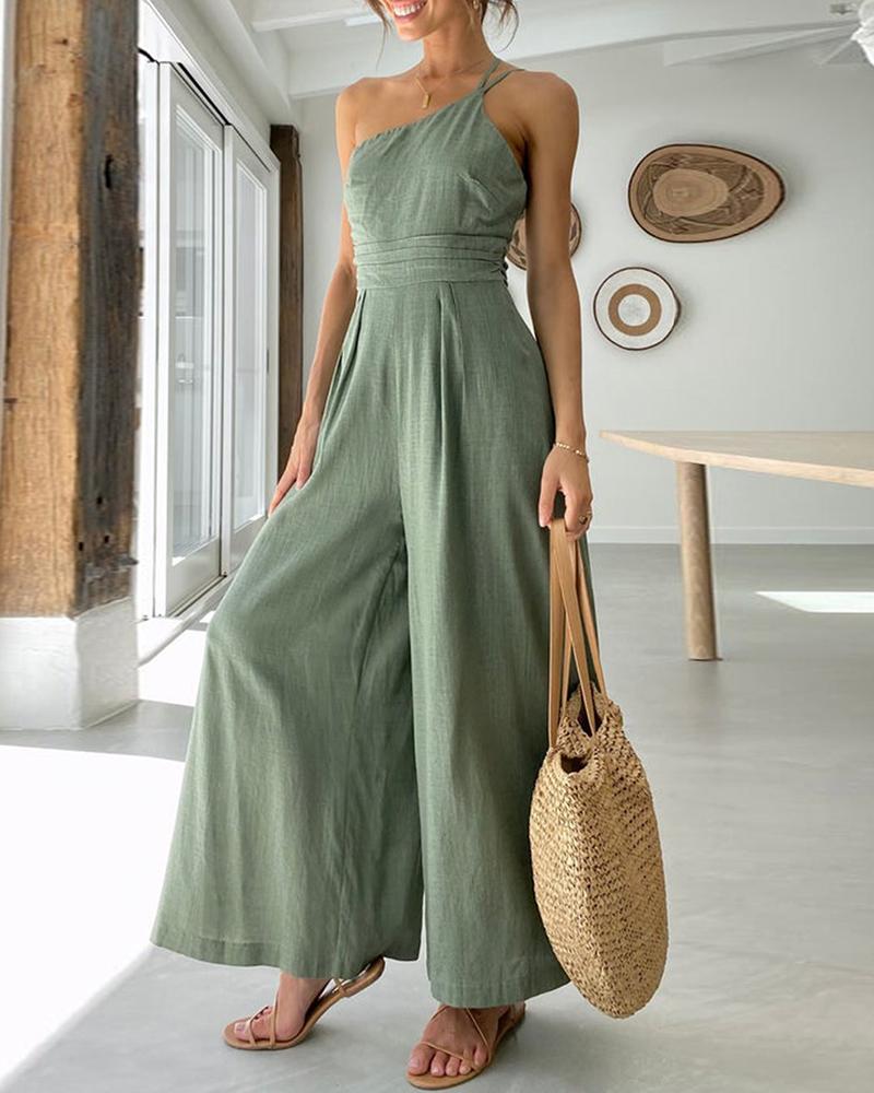 

One Shoulder Wide Leg Jumpsuit, Green