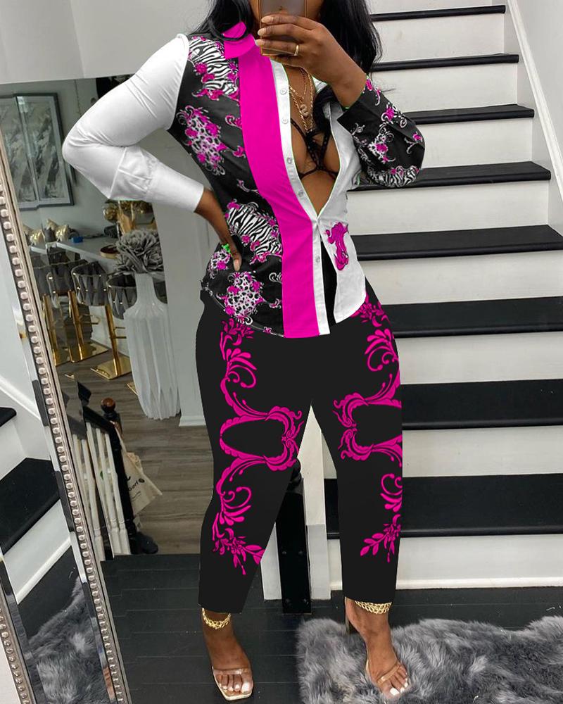 

Scarf Cheetah Print Buttoned Top & Pants Set, Pink