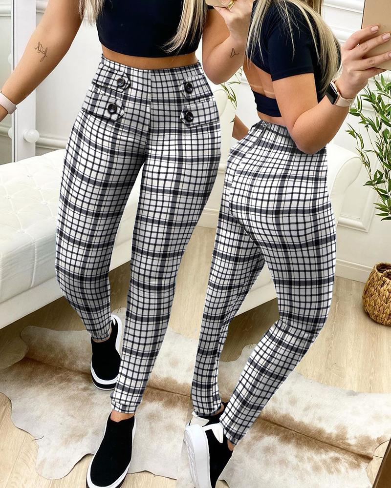 

Plaid Print High Waist Pants, Gray