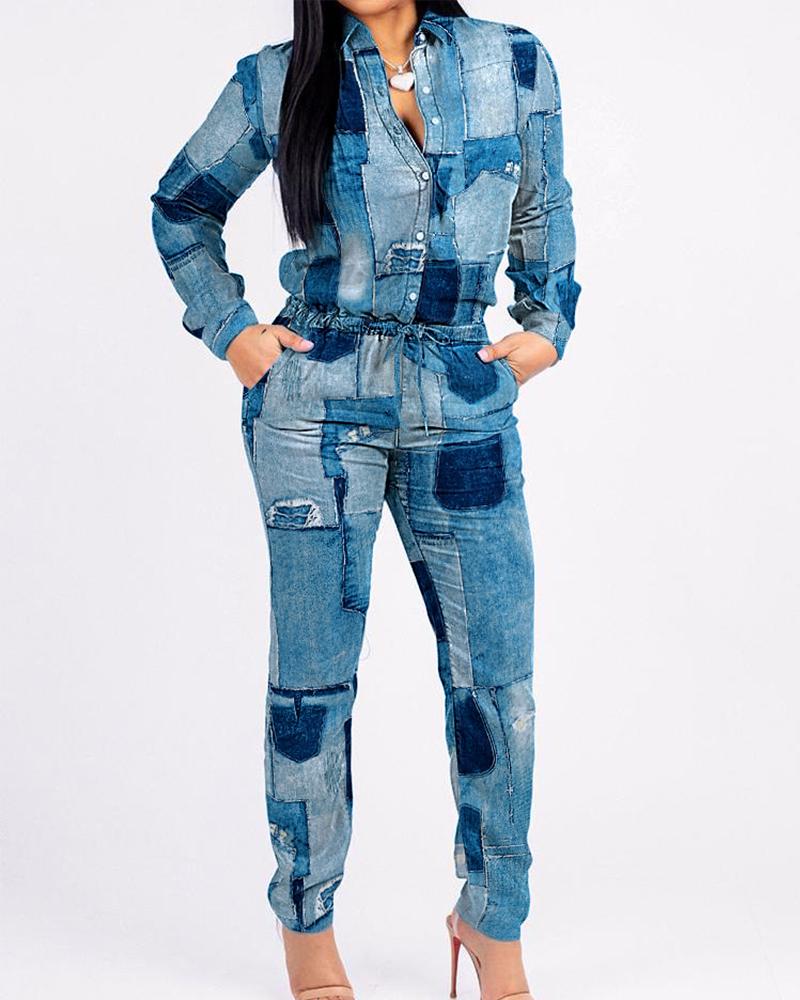 

Denim Look Print Long Sleeve Jumpsuit, Blue