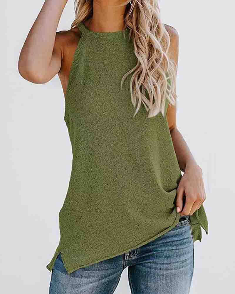 

Sleeveless Plain Side Slit O-neck Top, Green