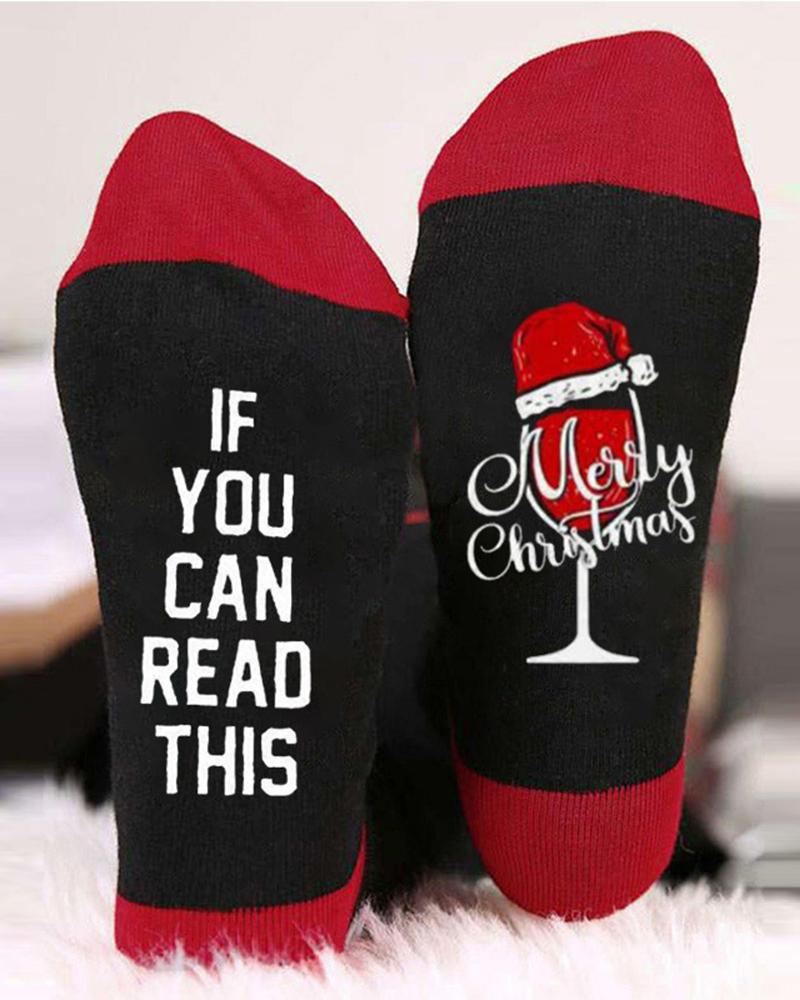 

1Pair Christmas Slogan Wine Glass Print Colorblock Crew Socks, Style1