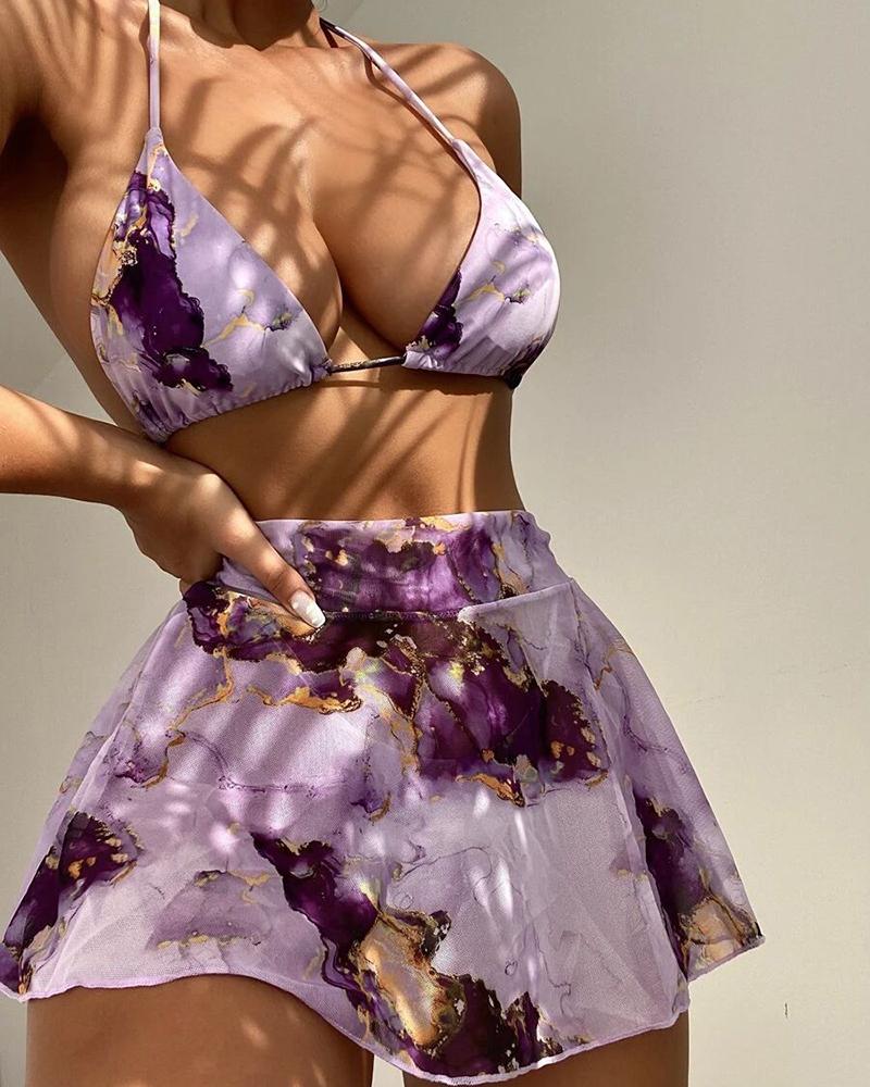 

Marble Print Halter Bikini Set With Cover Up, Purple