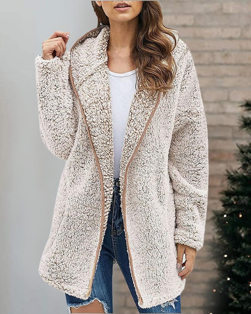 

Long Sleeve Hooded Teddy Coat, Apricot