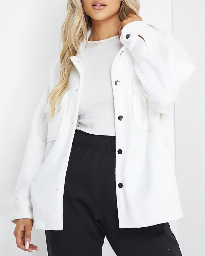 

Long Sleeve Buttoned Pocket Design Shacket, White