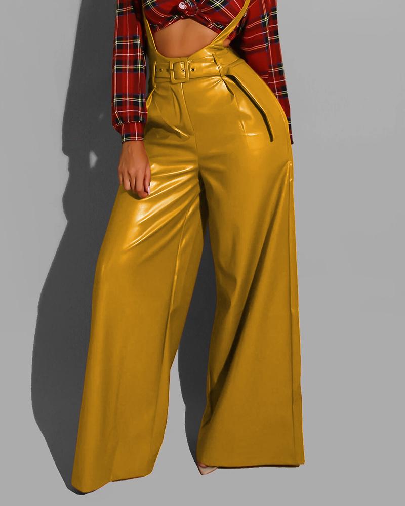 

PU Leather Pocket Design Wide Leg Suspender Jumpsuit, Yellow
