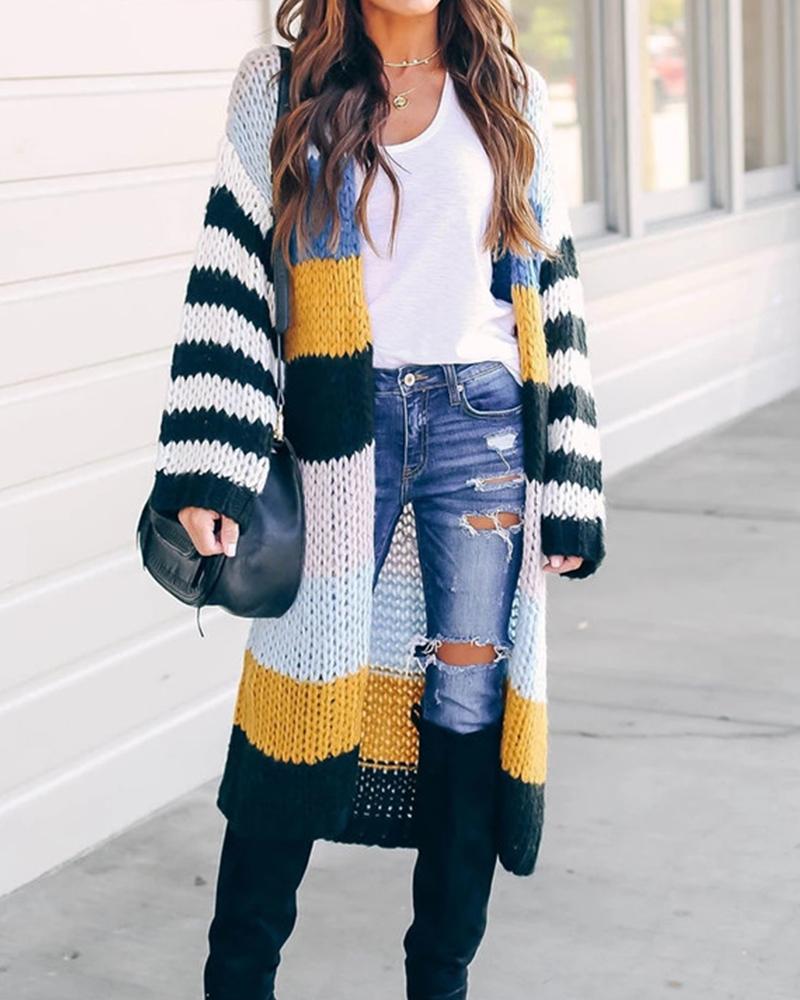 

Striped Long Sleeve Knitted Cardigan, White