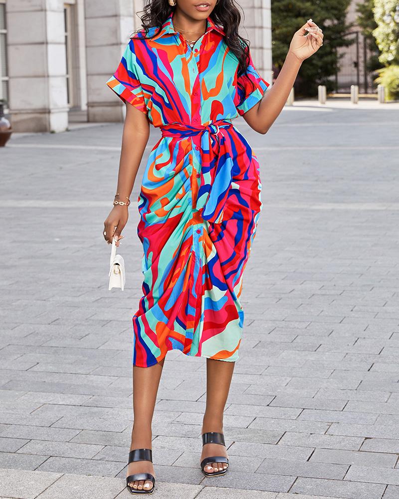 Abstract Print Ruched Button Down Shirt Dress