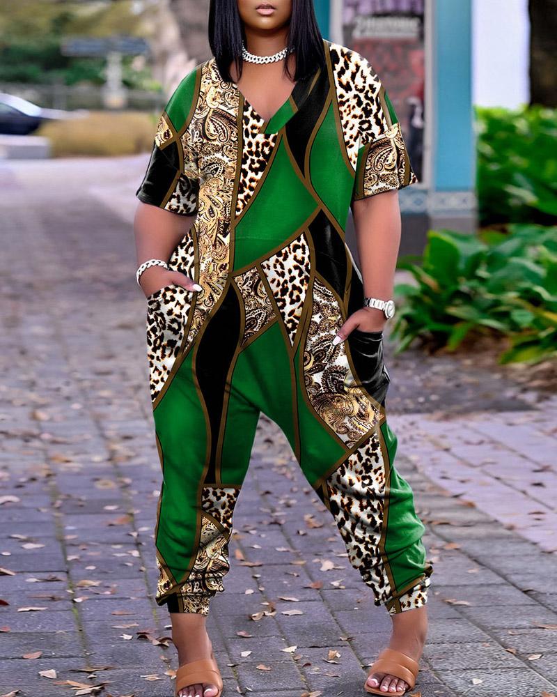 

Plus Size Baroque Leopard Print Casual Jumpsuit, Green