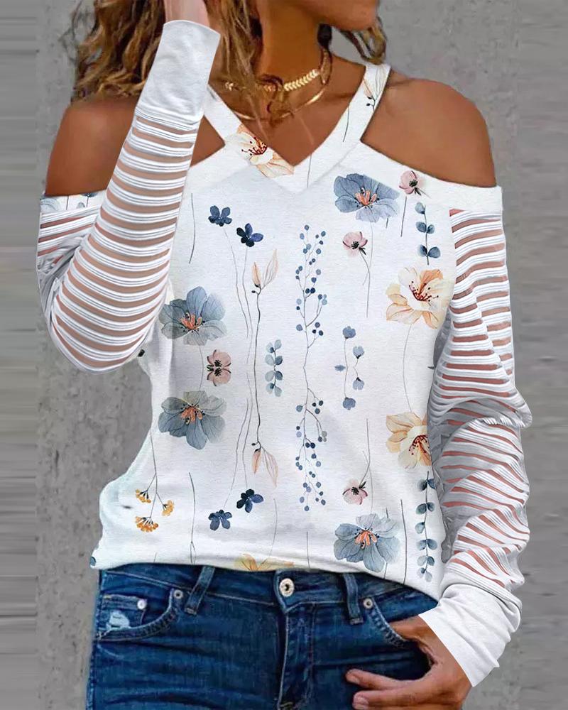 

Floral Print Striped Cold Shoulder Top, White