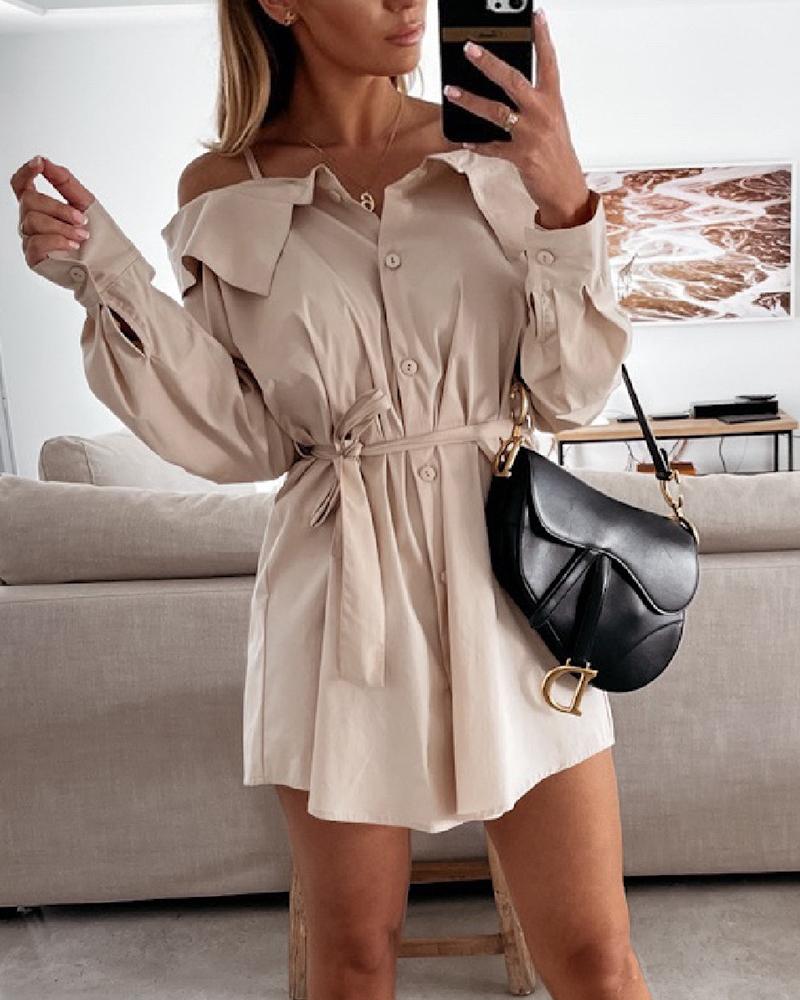 

Solid Cold Shoulder Button Front Belted Cami Shirt Dress, Khaki