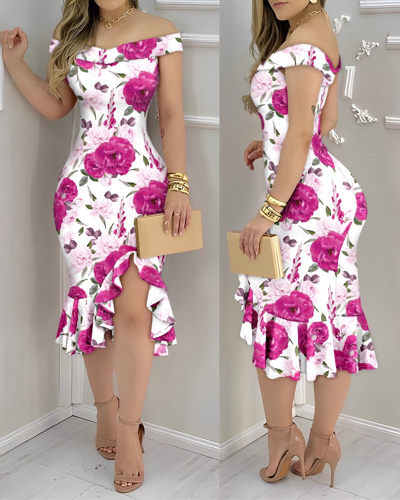 Floral Print Off Shoulder Bodycon Dress Ruffle Hem Slim Fit