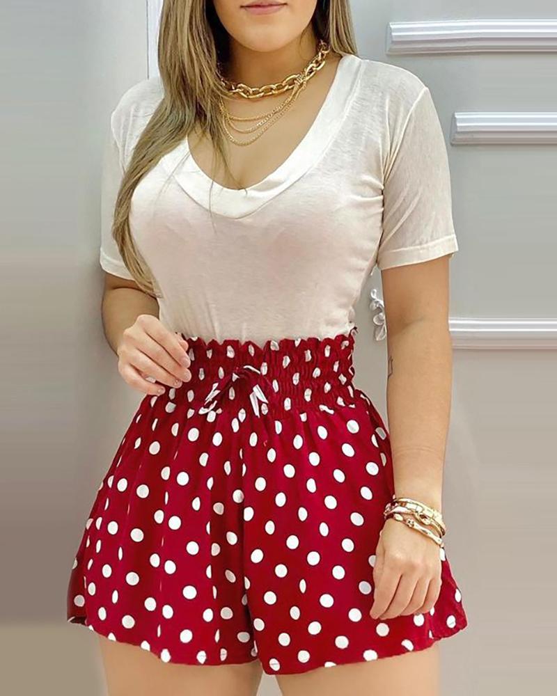 

V-Neck Top & Polkadot Print Shirred Shorts Set, Red