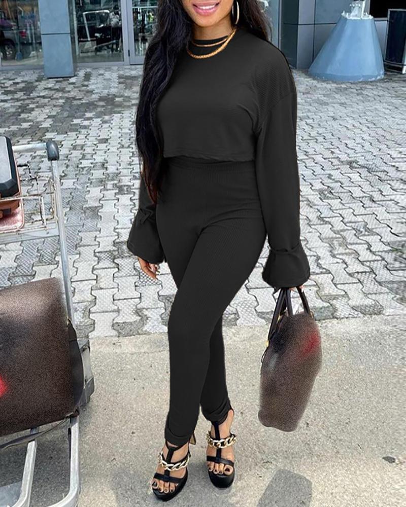 

Ribbed Bell Sleeve Crop Top & High Waist Pants Set, Black