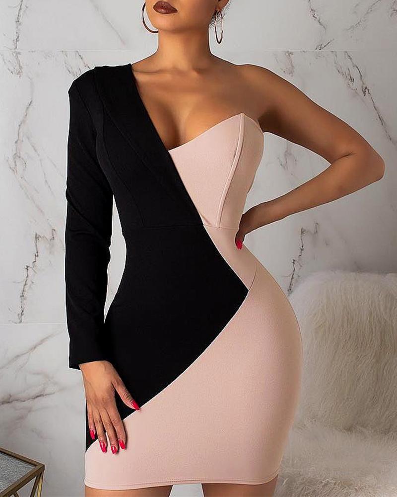 

One Shoulder Colorblock Long Sleeve Bodycon Dress, Pink