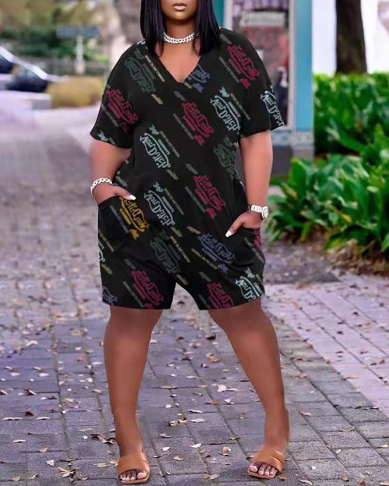 

Letter Print Pocket Design Short Sleeve Romper, Black