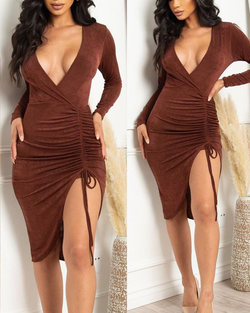

Drawstring Ruched Split Thigh Chocolate Bodycon Dress