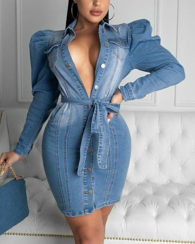 

Puff Sleeve Button Front Belted Denim Dress, Blue