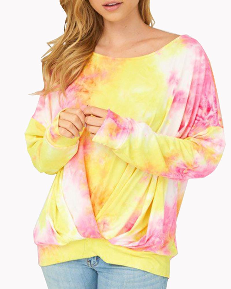 

Tie Dye Print Ruched Long Sleeve Top, Yellow