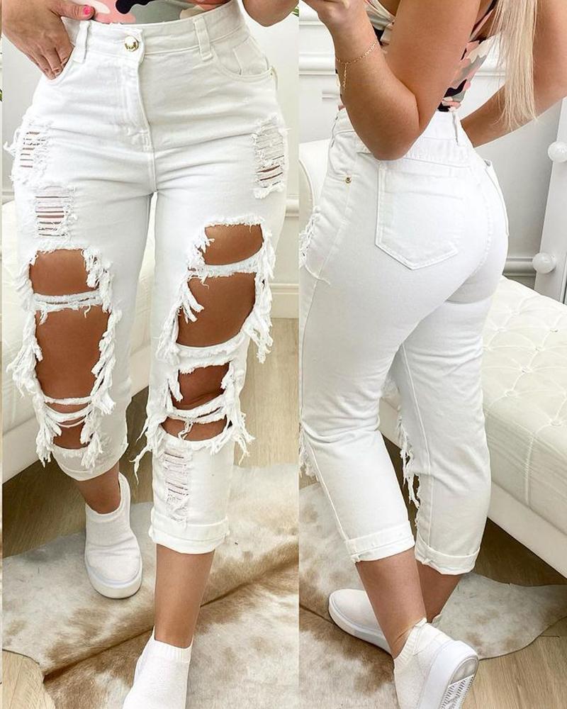 

Zipper Fly Slant Pocket Cutout Ripped Skinny Jeans, White