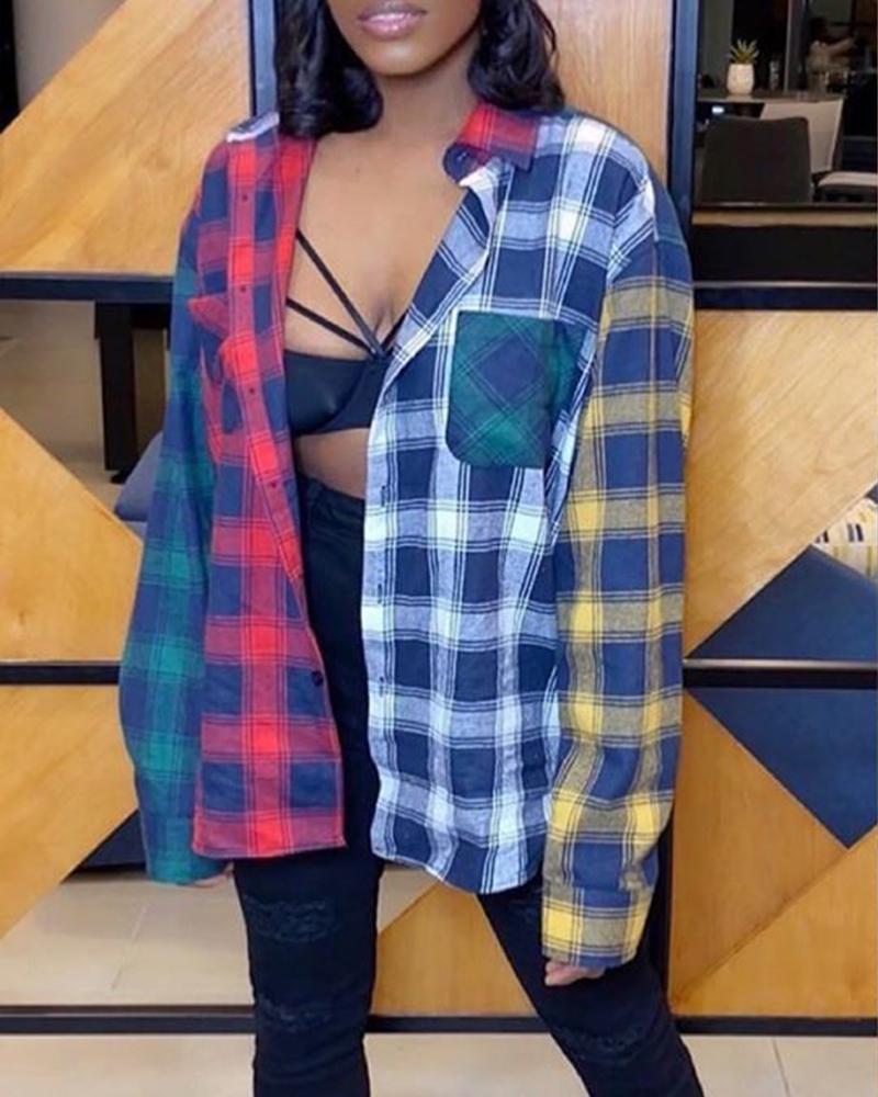 

Stitching Plaid Long Sleeve Shirt, Multicolor