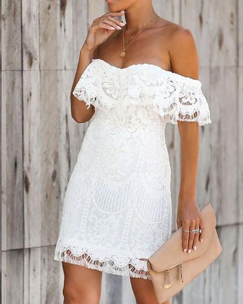 

Plain Off Shoulder Frill Hem Lace Eyelet Embroidered Dress, White