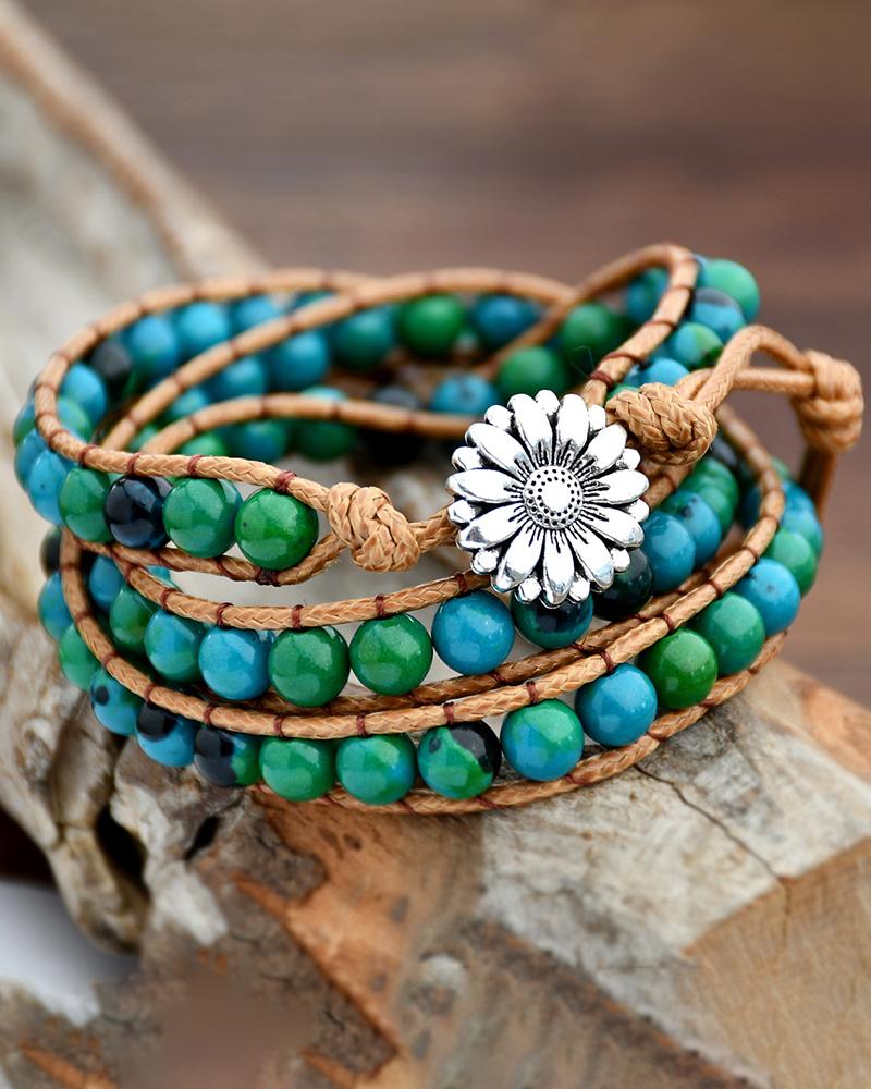 

1pc Bohemian Sunflower Pattern Beaded Braided Bracelet, Green