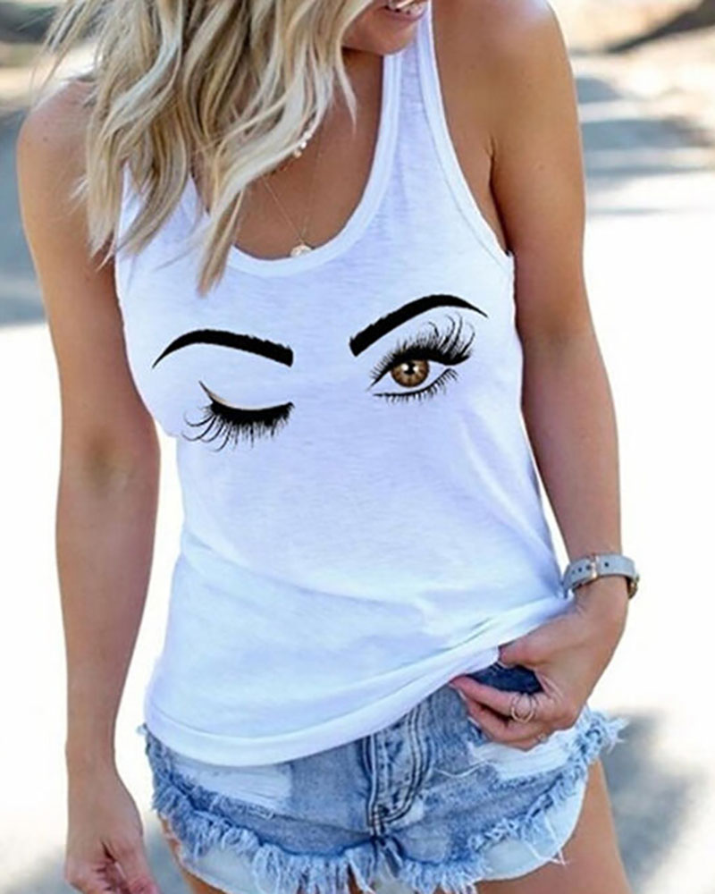

Eyes Print Casual Tank Women Top, White