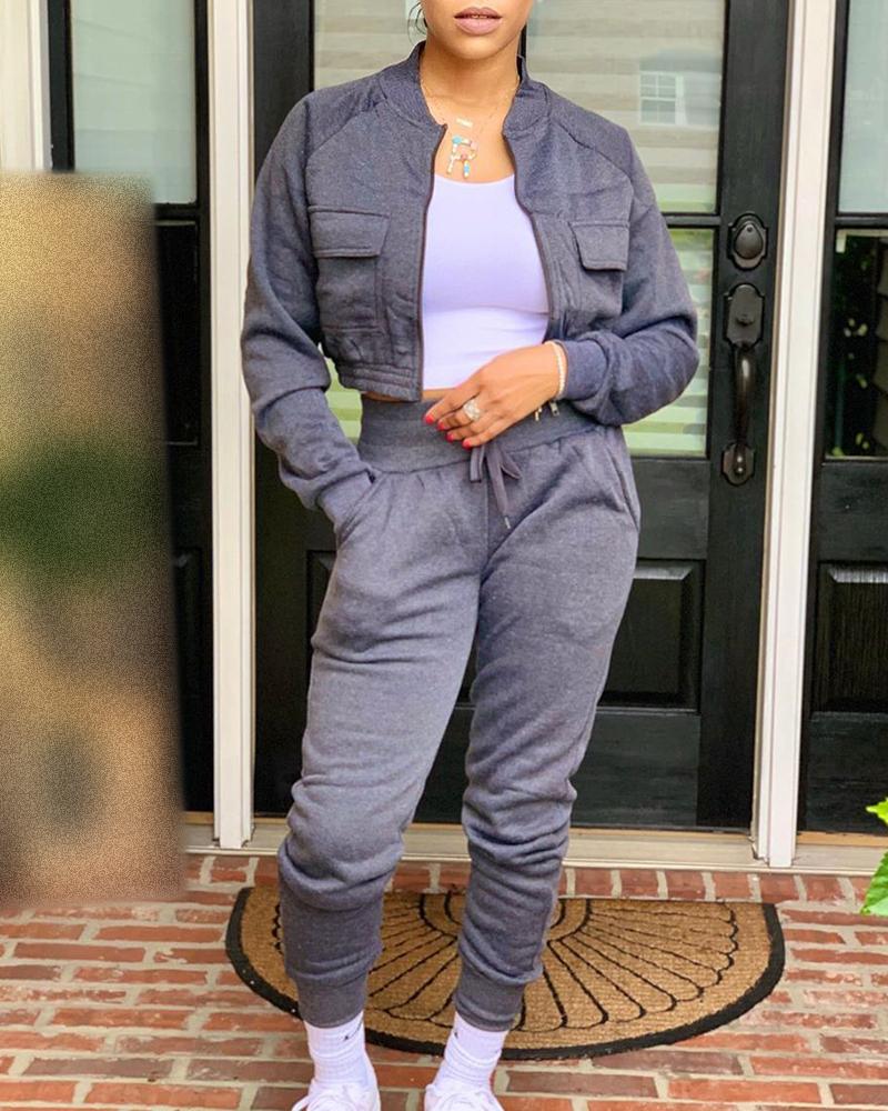 

Pocket Design Top & Drawstring Pants Set, Gray
