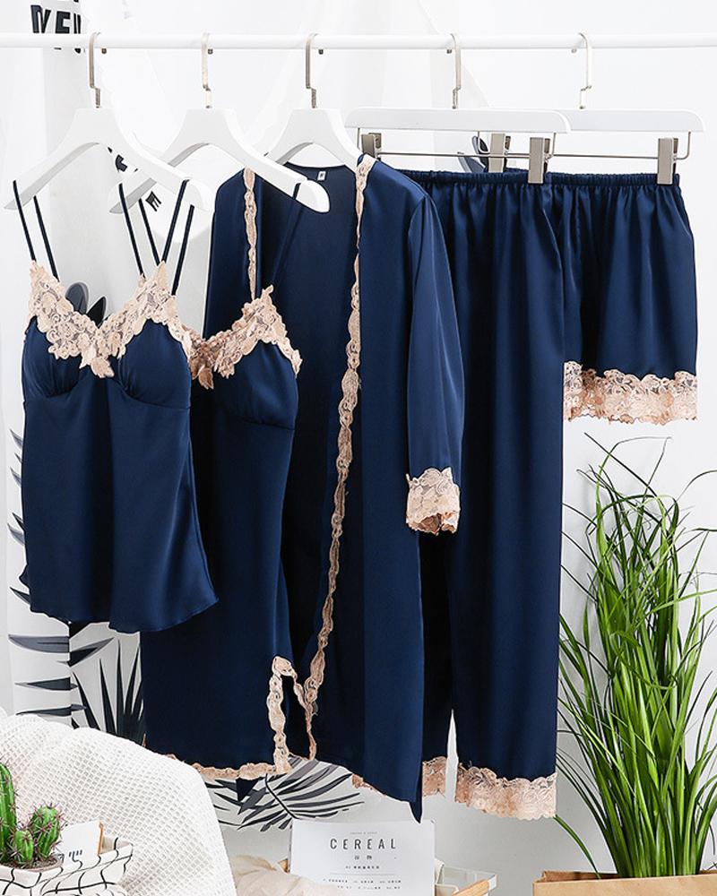 

Comfy Ice Slik Five-piece Cami Pajamas Sets, Purplish blue