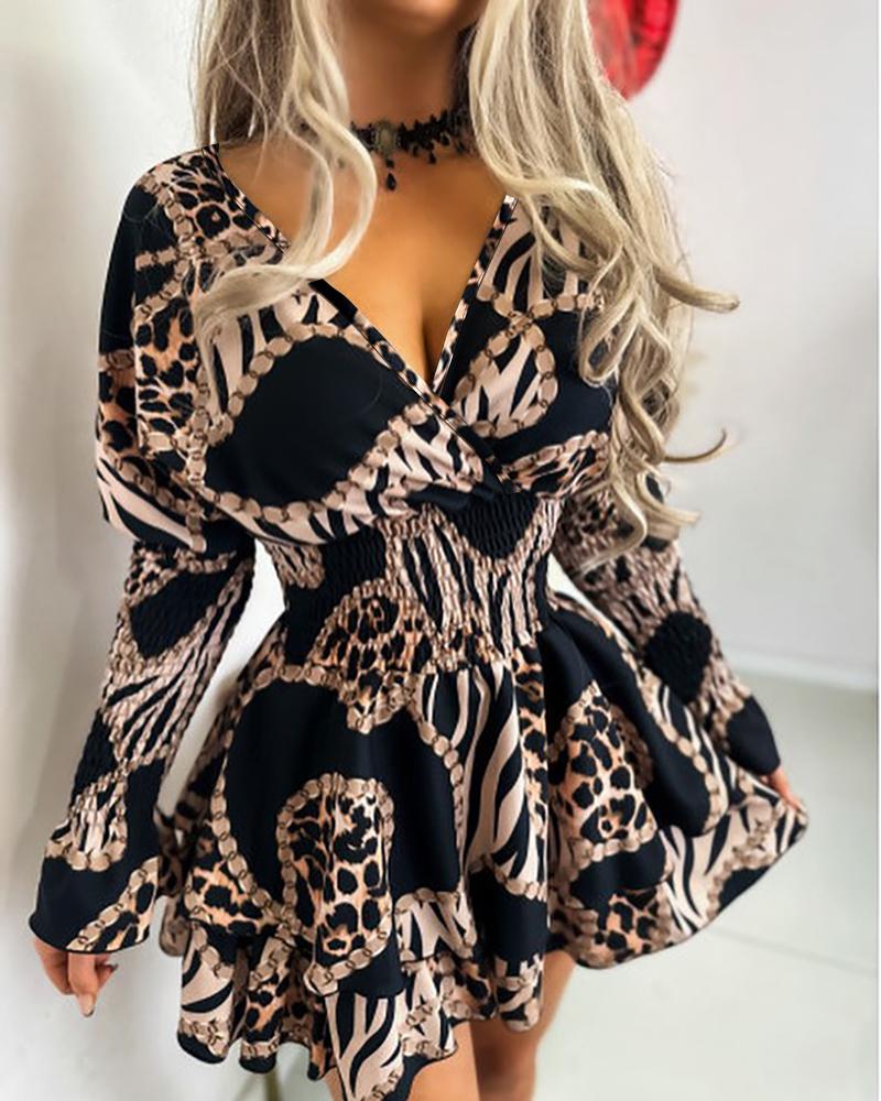 

Chain Leopard Print Shirred V-Neck Casual Dress, Black