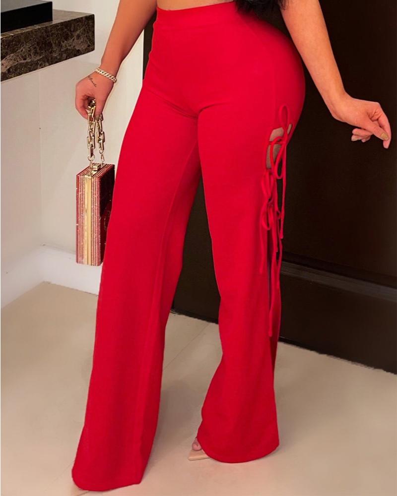 

Tie Side High Slit Flared Leg Pants, Red