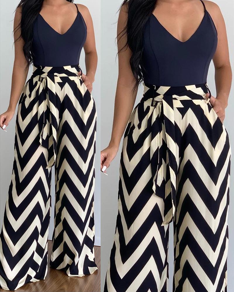

Deep V-Neck Cami Top & Chevron Print Pants Set, Black