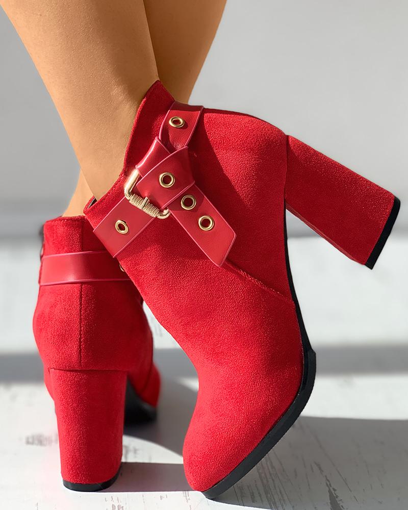 

Eyelet Buckled Suede Chunky Boots, Red