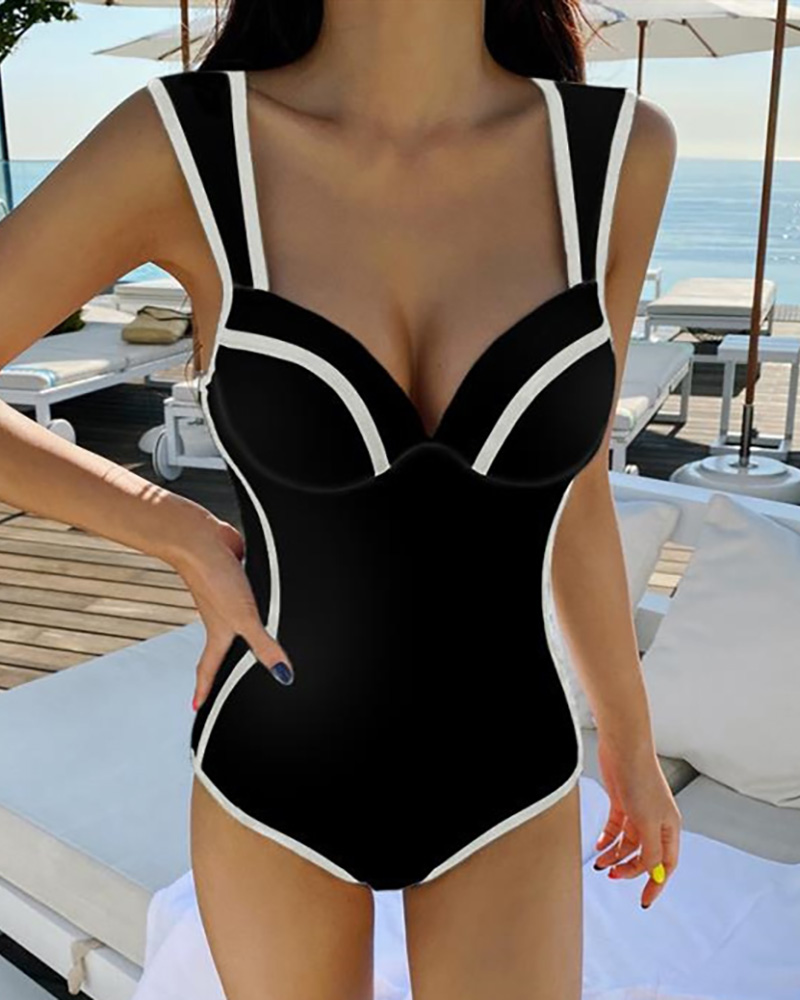 

Colorblock Thick Strap One Piece Swimsuit, Black