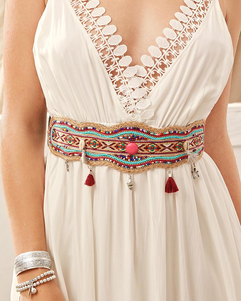 

Clan Shell Shaped Tassel Decor Tribal Pattern Waist Belt, Style1