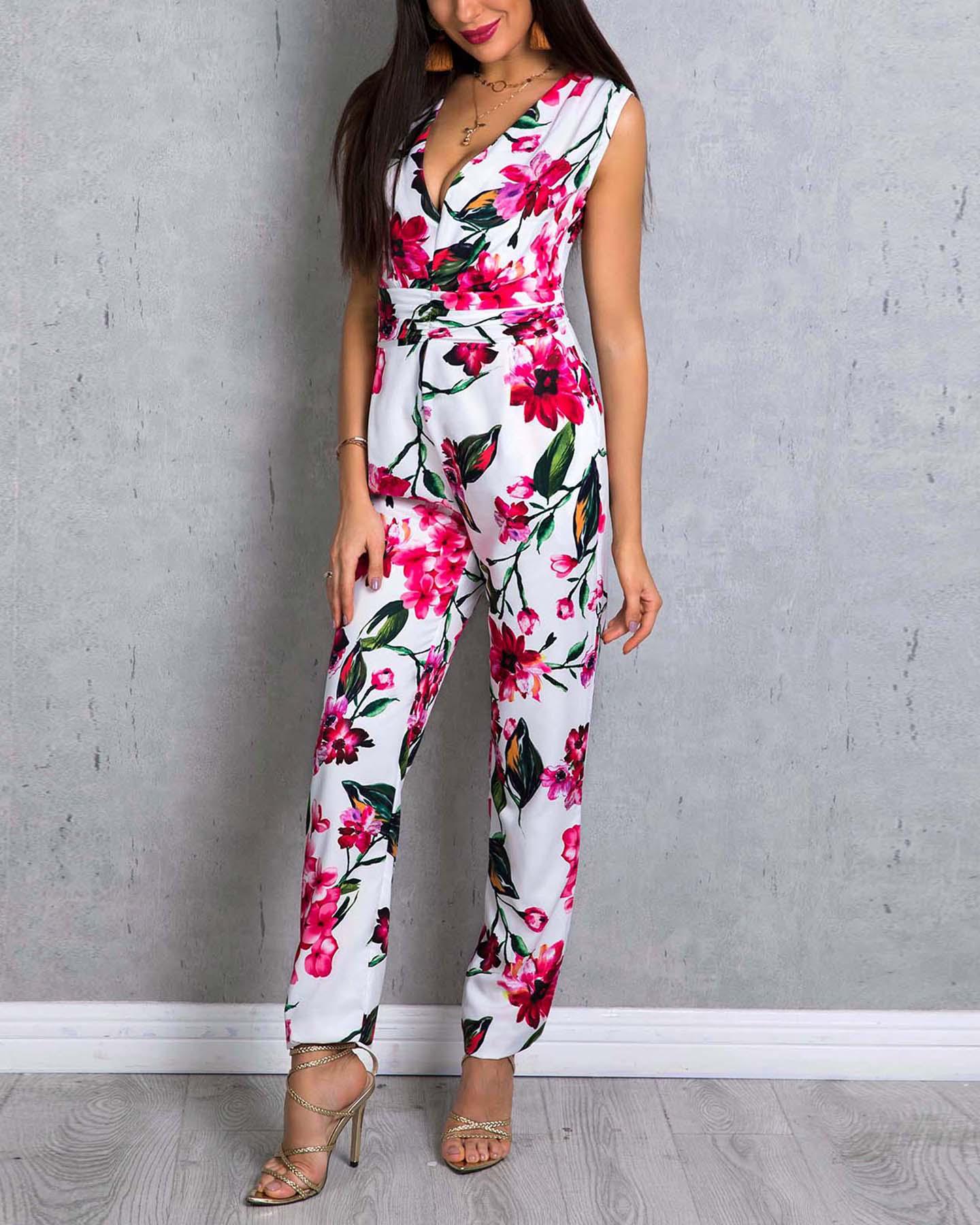 

Floral Print Deep V Neck Slinky Jumpsuit, Multicolor