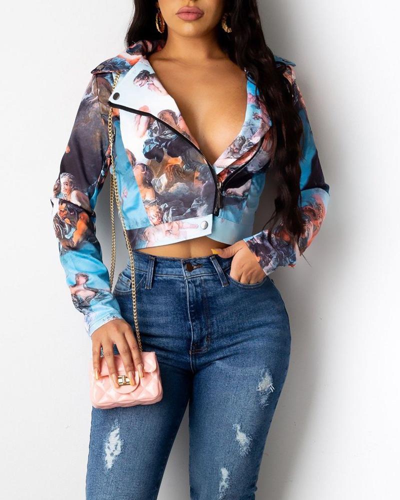 

3D Print Long Sleeve Cropped Loose Blouse, Blue
