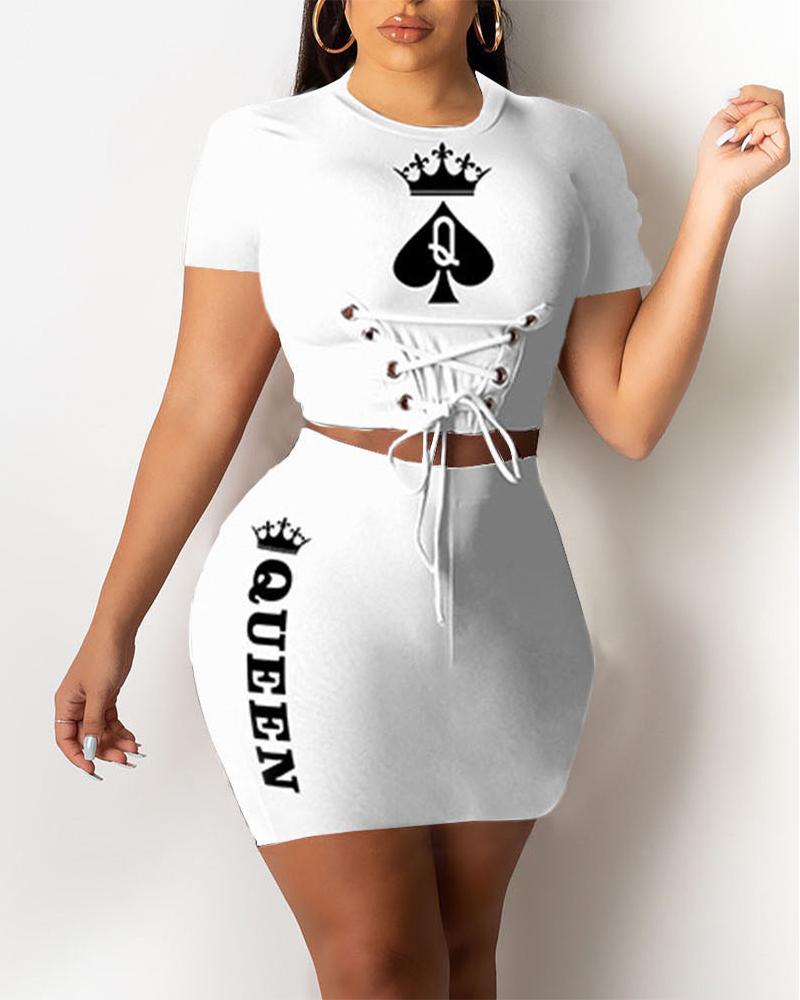 

Poker Print Grommet Eyelet Lace-up Crop Top & Skirt Set, White