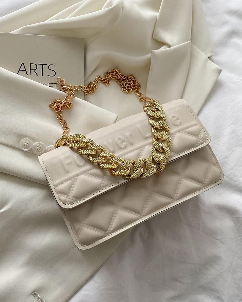 

Chain Decor Quilted Letter Pattern Shoulder Bag, White