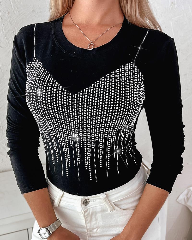 

Rhinestone Decor Fleece Lined Long Sleeve Top, Black