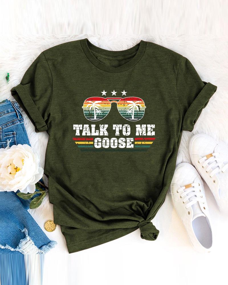 

Letter Print Short Sleeve Casual T-shirt, Green