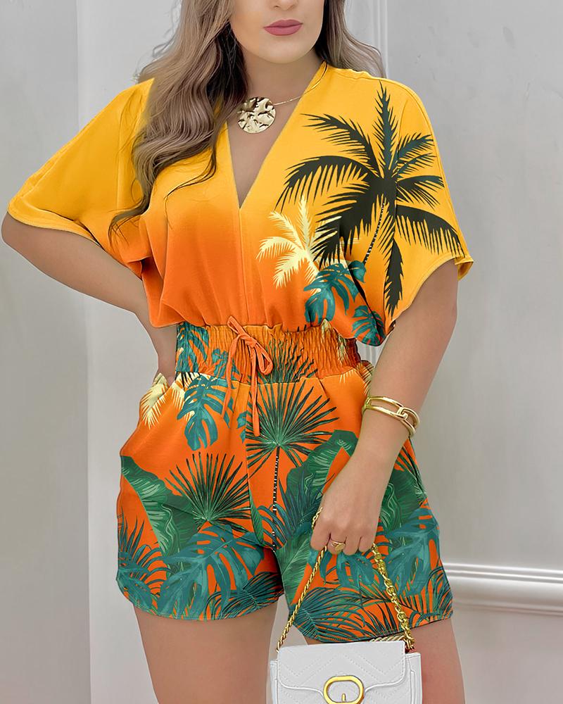 

Tropical Print Batwing Sleeve Shirred Waist Romper, Yellow