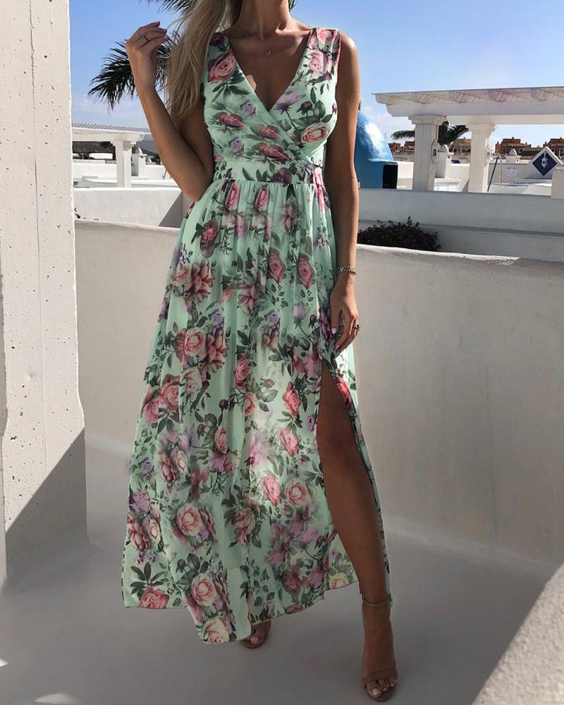 

Vacation Style All Over Print Skinny Waist Sleeveless Slit Chiffon Maxi Dress, Green