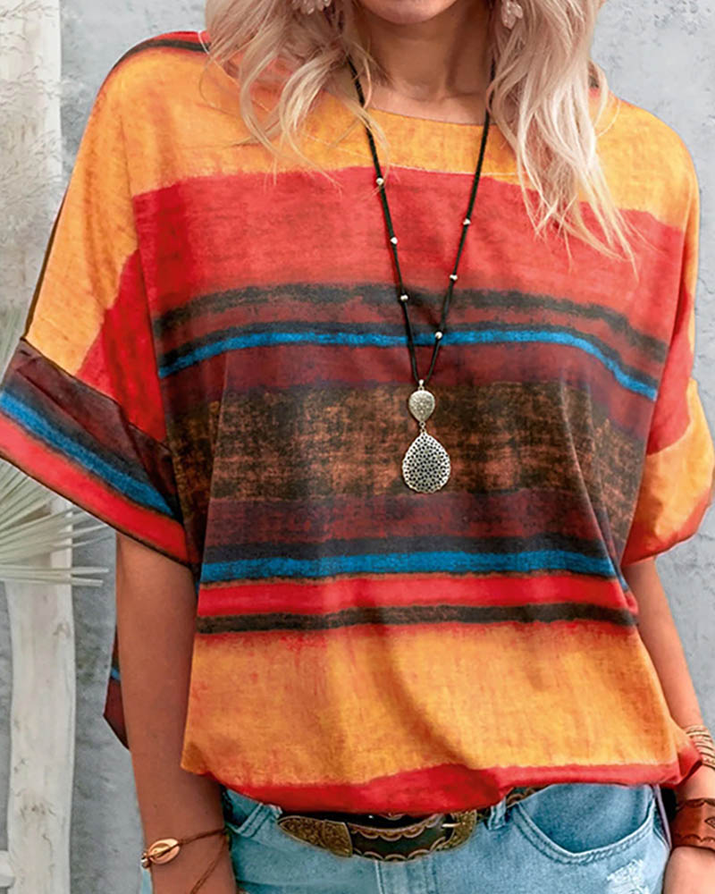 

Round Neck Colorblock Short Sleeve Casual T-shirt, Orange